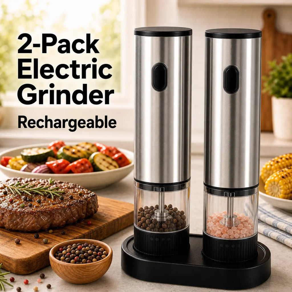 2-Pack Modern Durable Metal Electric Salt and Pepper Grinder Set - USB-C Rechargeable Portable Kitchen Gadgets with Storage Base, Adjustable Coarseness Seasoning Utensils for Home, Cooking, Dining Table