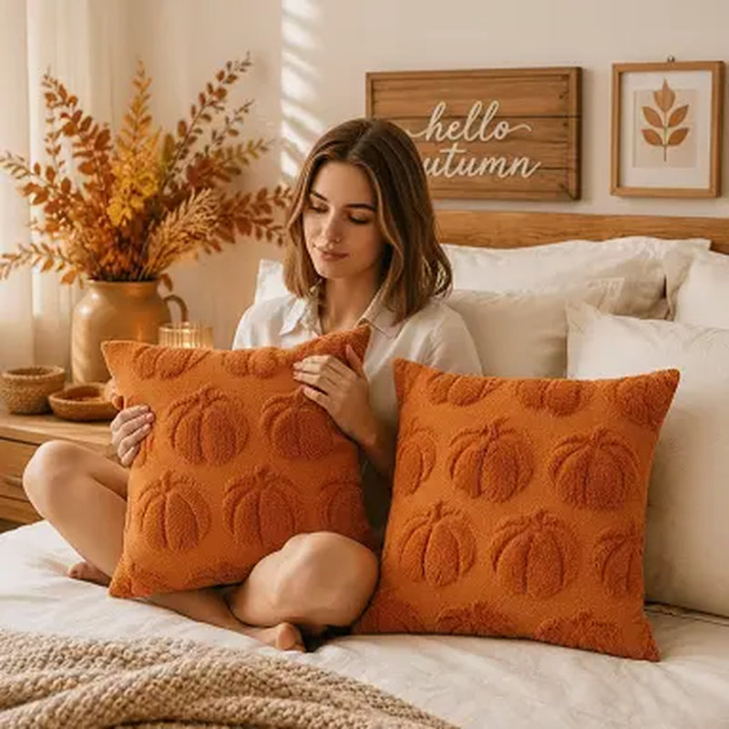 18X18 Inch Set of 2 Farmhouse Fall Throw Pillow Covers, Soft Faux Fur Plush Fluffy Accent Cushion Cases, Orange Pumpkin/White Ghost Decorative Pillows for Halloween, Thanksgiving & Autumn Harvest Home Couch Sofa Decor,Sohochic