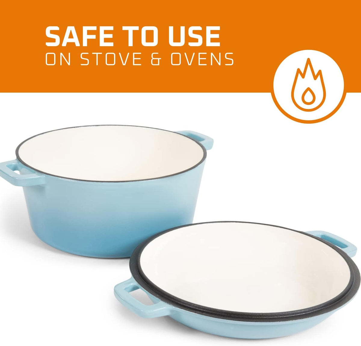2-In-1 Enamel Cast Iron Dutch Oven with Handles - Crock Pot Sky Blue Cast Iron Pot with Skillet Lid - All-In-One Cookware Braising Pan for Casserole Dish - 5 Quart, Sky Blue