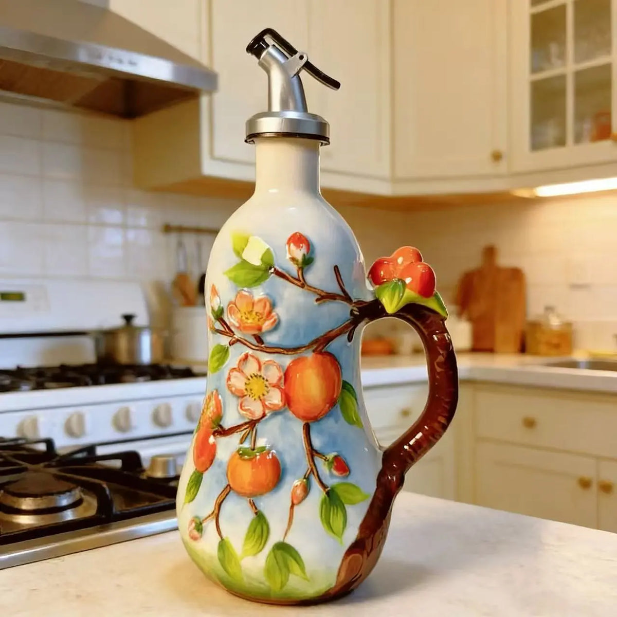Hand-Painted Fruit Ceramic Oil Dispenser, under Glaze Olive Oil Bottle, Multi-Purpose Soy Sauce Drizzling Bottle for Cooking, Salad Dressing & Seasoning, Decorative Kitchen Ornament, Perfect Holiday Gift