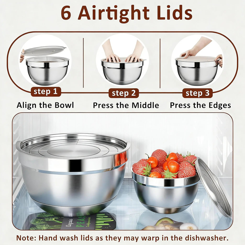 26PCS round Stainless Steel Stackable Mixing Bowls Set with Airtight Lids, Khaki Tableware, Grater Attachments, Utensils & Kitchen Supplies - Mirror Finish (1.5QT, 2.0QT, 2.5QT, 4QT, 7QT Sizes) for Grate & Mix Fast