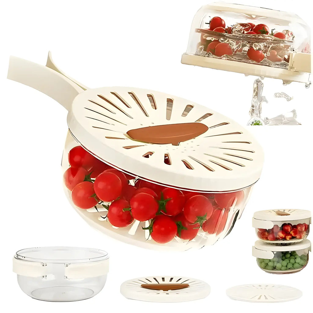 2-In-1 Multifunctional Fruit Strainer Container with Lid - Foldable Handle, Washing Berries Bowl, Fridge Storage, Dishwasher Safe Slicer, Durable Vegetable Slicer, Brown Kitchen Utensil (1Pcs)