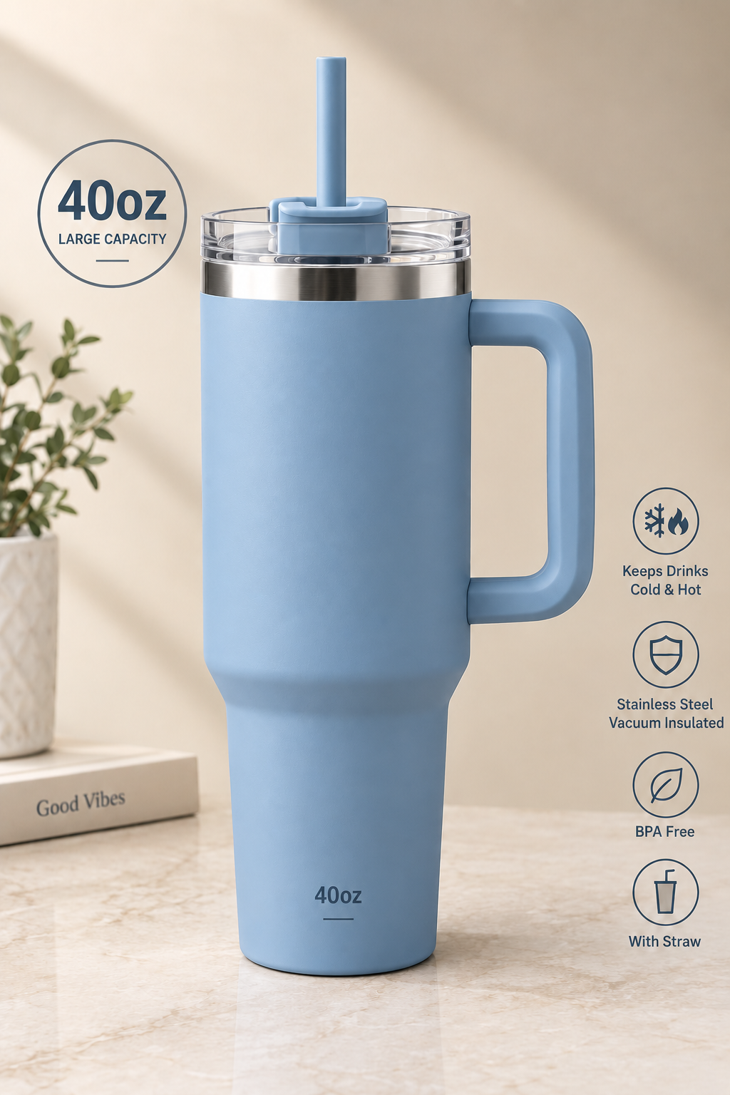 40Oz Straw Cup, 1 Count Reusable Stainless Steel Vacuum Flask with Straw, Drinking Cup for Cold & Hot Drinks, Water, Ice Tea or Coffee, Smoothie