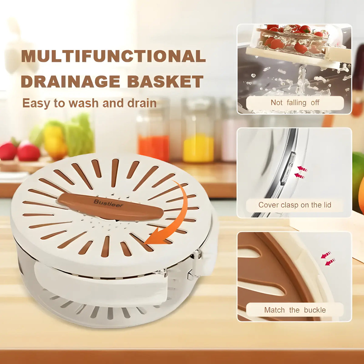 2-In-1 Multifunctional Fruit Strainer Container with Lid - Foldable Handle, Washing Berries Bowl, Fridge Storage, Dishwasher Safe Slicer, Durable Vegetable Slicer, Brown Kitchen Utensil (1Pcs)