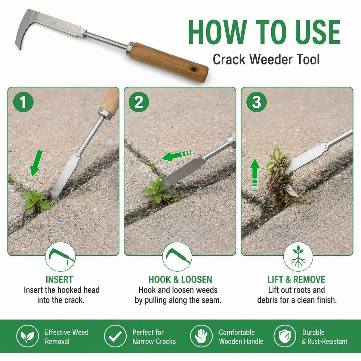 Serrated Crack Weeding Hook, Extended Reach Gap Cleaner to Remove Weeds without Bending Down