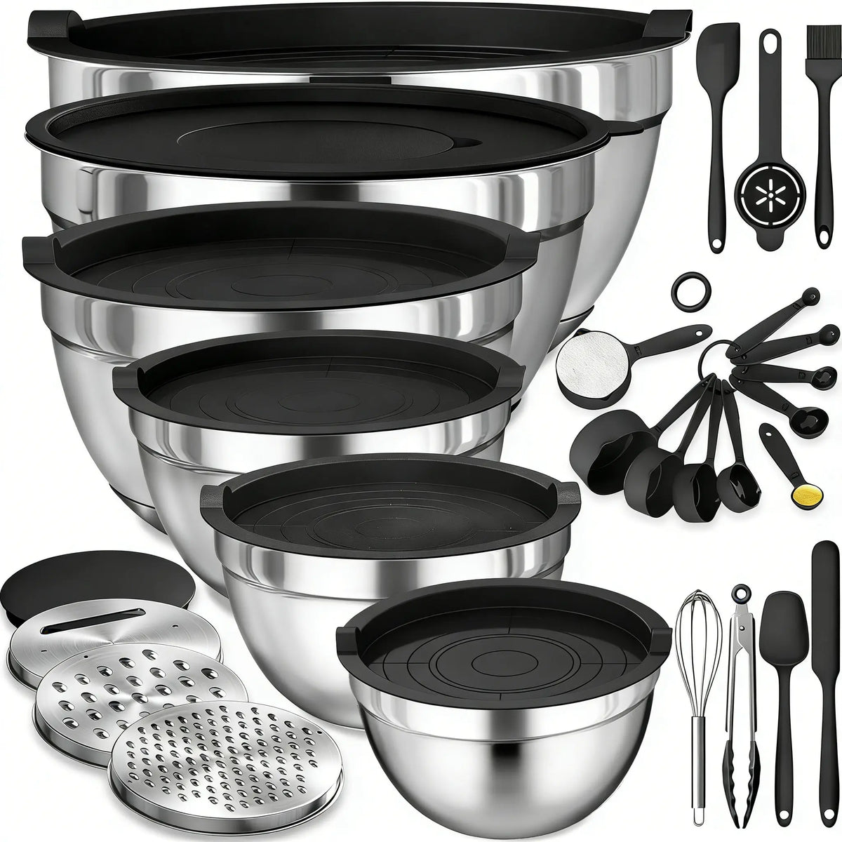 26PCS round Stainless Steel Stackable Mixing Bowls Set with Airtight Lids, Khaki Tableware, Grater Attachments, Utensils & Kitchen Supplies - Mirror Finish (1.5QT, 2.0QT, 2.5QT, 4QT, 7QT Sizes) for Grate & Mix Fast