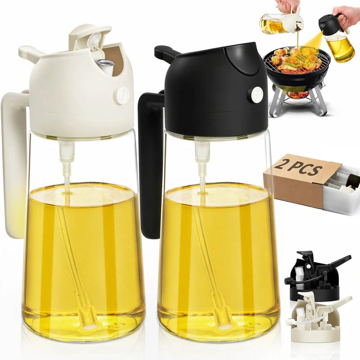2-In-1 Food-Grade Oil Sprayer and Oil Dispenser Bottle, Multifunctional Kitchen Gadget in Black, Ideal Oil Tool for Air Fryer, Salad Making and BBQ Cooking, Modern Home Kitchen Accessory