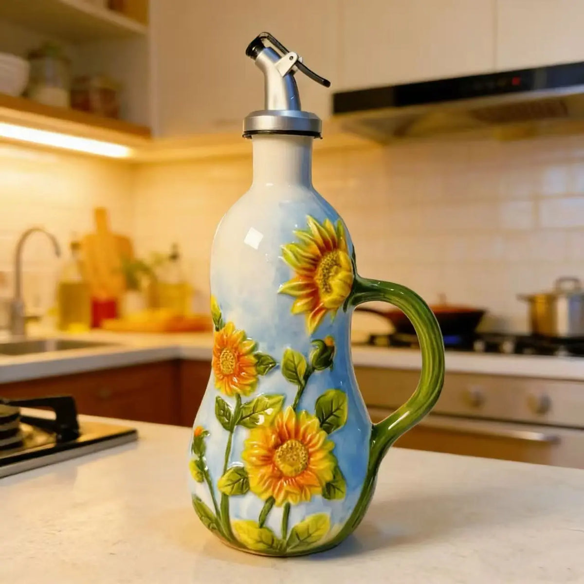 Hand-Painted Fruit Ceramic Oil Dispenser, under Glaze Olive Oil Bottle, Multi-Purpose Soy Sauce Drizzling Bottle for Cooking, Salad Dressing & Seasoning, Decorative Kitchen Ornament, Perfect Holiday Gift