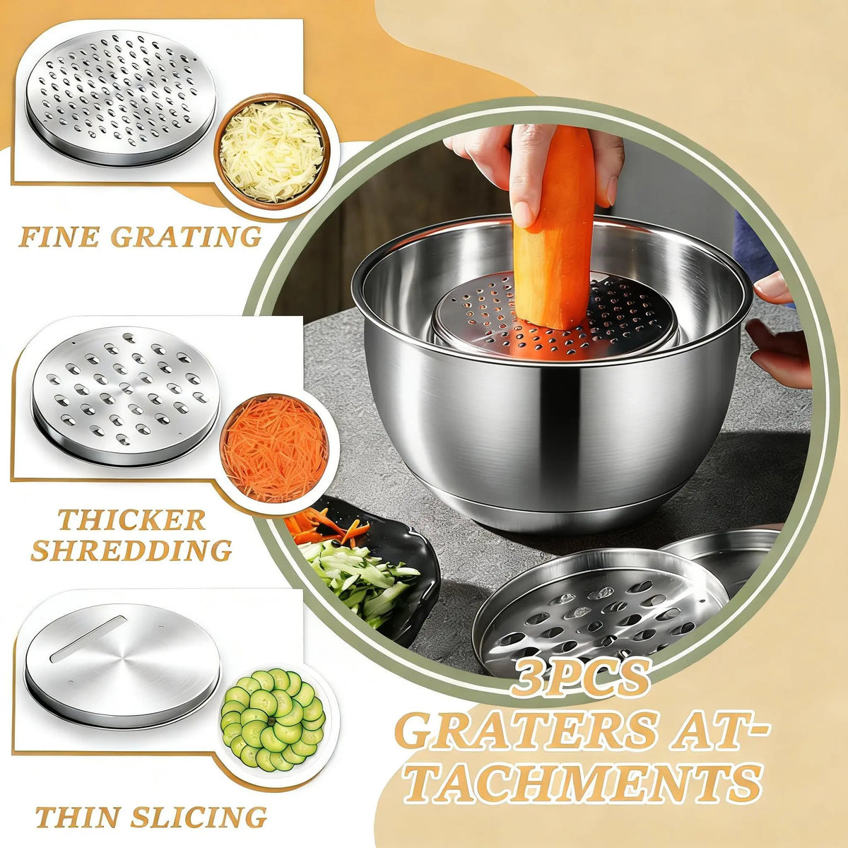 26PCS round Stainless Steel Stackable Mixing Bowls Set with Airtight Lids, Khaki Tableware, Grater Attachments, Utensils & Kitchen Supplies - Mirror Finish (1.5QT, 2.0QT, 2.5QT, 4QT, 7QT Sizes) for Grate & Mix Fast