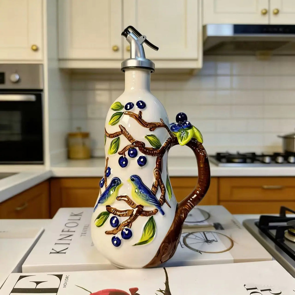 Hand-Painted Fruit Ceramic Oil Dispenser, under Glaze Olive Oil Bottle, Multi-Purpose Soy Sauce Drizzling Bottle for Cooking, Salad Dressing & Seasoning, Decorative Kitchen Ornament, Perfect Holiday Gift