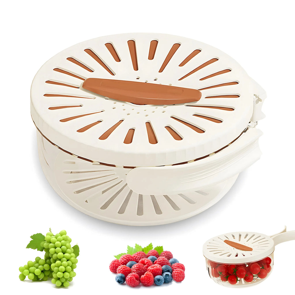 2-In-1 Multifunctional Fruit Strainer Container with Lid - Foldable Handle, Washing Berries Bowl, Fridge Storage, Dishwasher Safe Slicer, Durable Vegetable Slicer, Brown Kitchen Utensil (1Pcs)