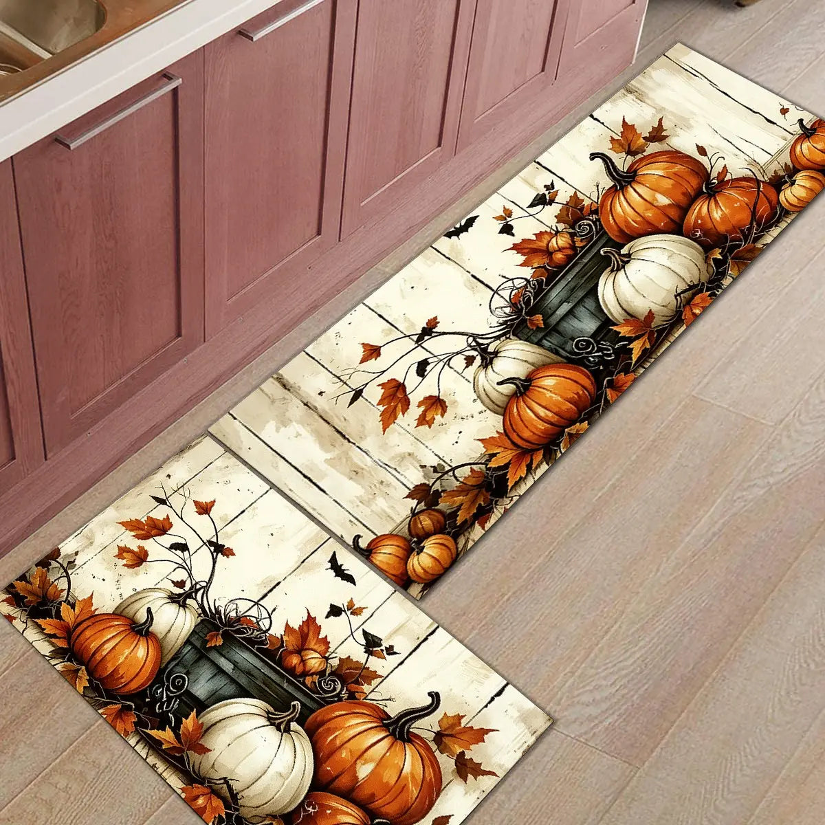 2Pcs Autumn Pumpkin Harvest Thanksgiving Mat Set, Farmhouse Kitchen Rug, Dining Room Floor Decor, Laundry Room Carpet Pad