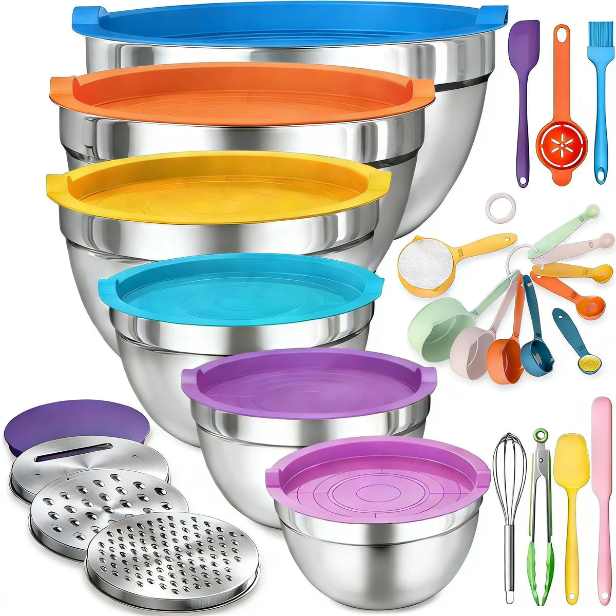 26PCS round Stainless Steel Stackable Mixing Bowls Set with Airtight Lids, Khaki Tableware, Grater Attachments, Utensils & Kitchen Supplies - Mirror Finish (1.5QT, 2.0QT, 2.5QT, 4QT, 7QT Sizes) for Grate & Mix Fast