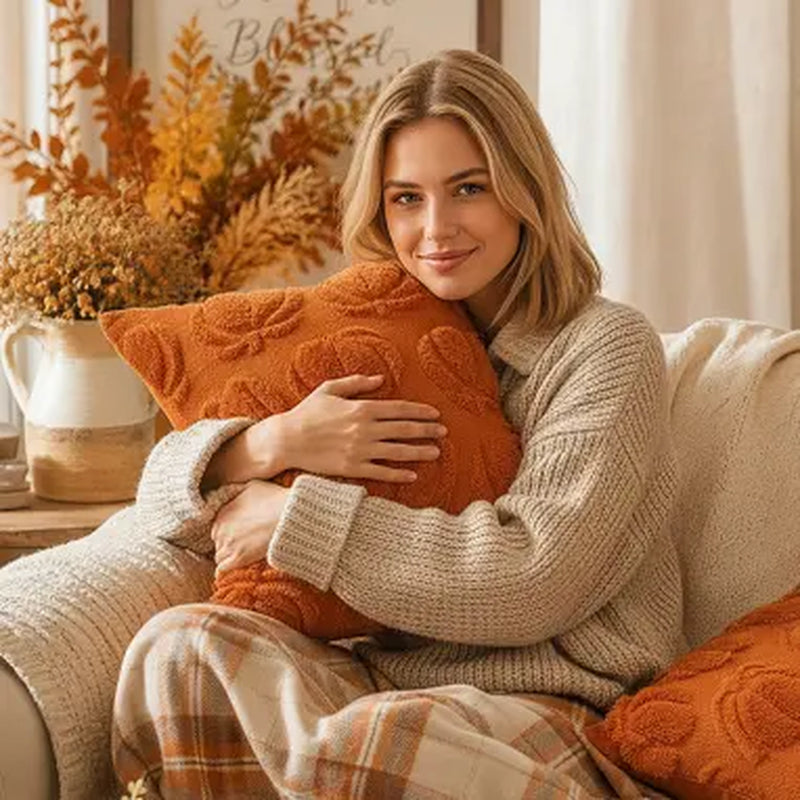 18X18 Inch Set of 2 Farmhouse Fall Throw Pillow Covers, Soft Faux Fur Plush Fluffy Accent Cushion Cases, Orange Pumpkin/White Ghost Decorative Pillows for Halloween, Thanksgiving & Autumn Harvest Home Couch Sofa Decor,Sohochic