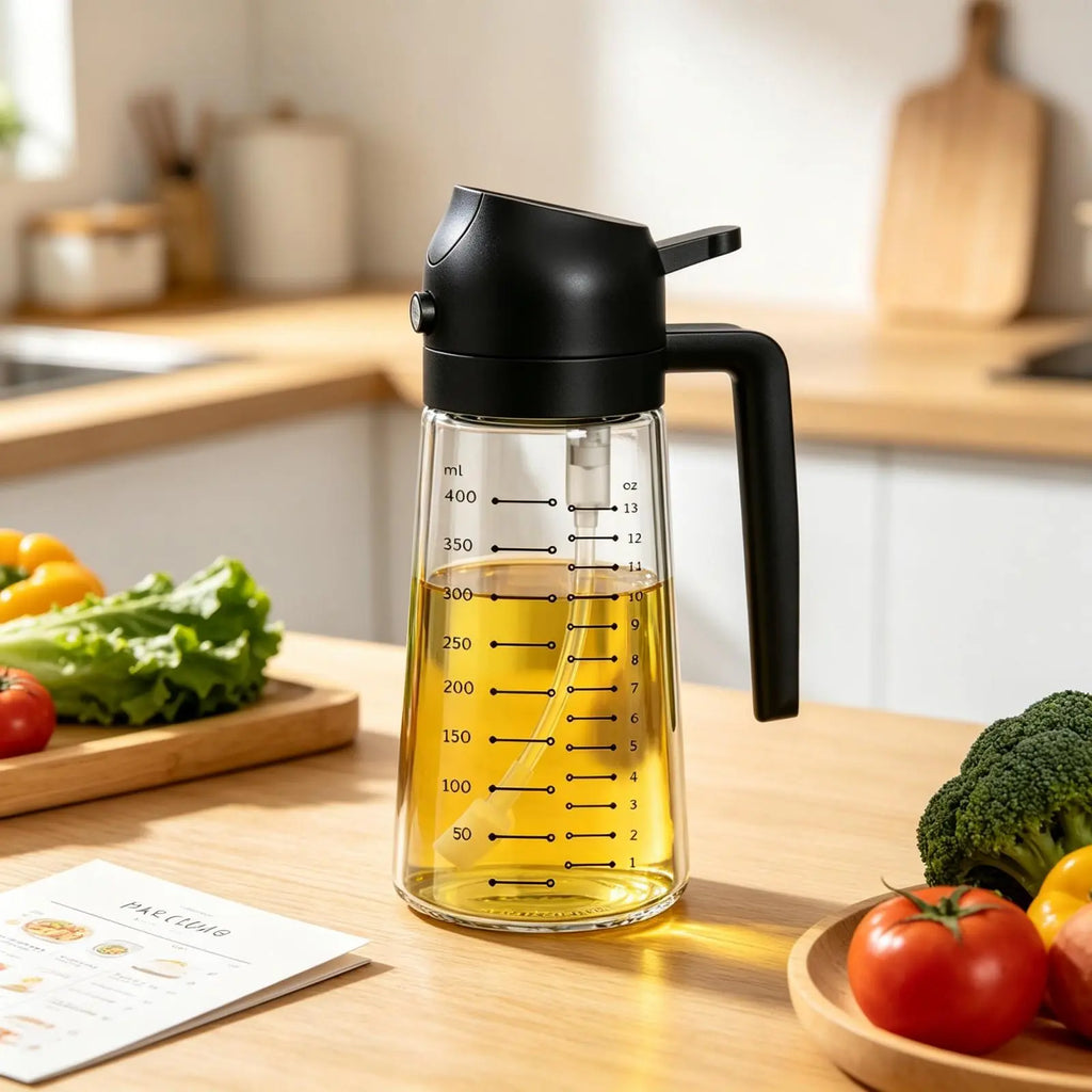 2-In-1 Food-Grade Oil Sprayer and Oil Dispenser Bottle, Multifunctional Kitchen Gadget in Black, Ideal Oil Tool for Air Fryer, Salad Making and BBQ Cooking, Modern Home Kitchen Accessory