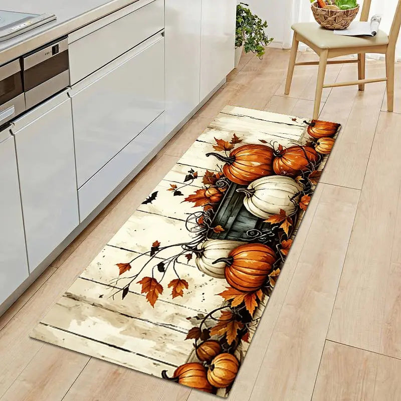 2Pcs Autumn Pumpkin Harvest Thanksgiving Mat Set, Farmhouse Kitchen Rug, Dining Room Floor Decor, Laundry Room Carpet Pad