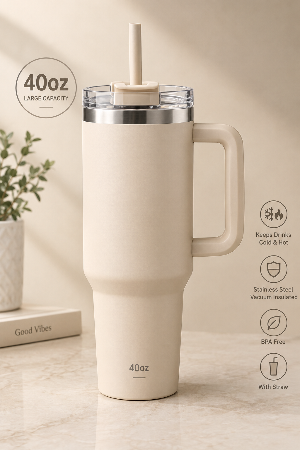 40Oz Straw Cup, 1 Count Reusable Stainless Steel Vacuum Flask with Straw, Drinking Cup for Cold & Hot Drinks, Water, Ice Tea or Coffee, Smoothie