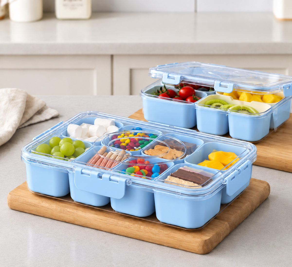 1 Pack (4/8 Compartments)Snackle Box Charcuterie Container Divided Serving Tray with Lid and Handle Portable Snack Platters for Fruit Nuts Candy Entertaining Party Picnic