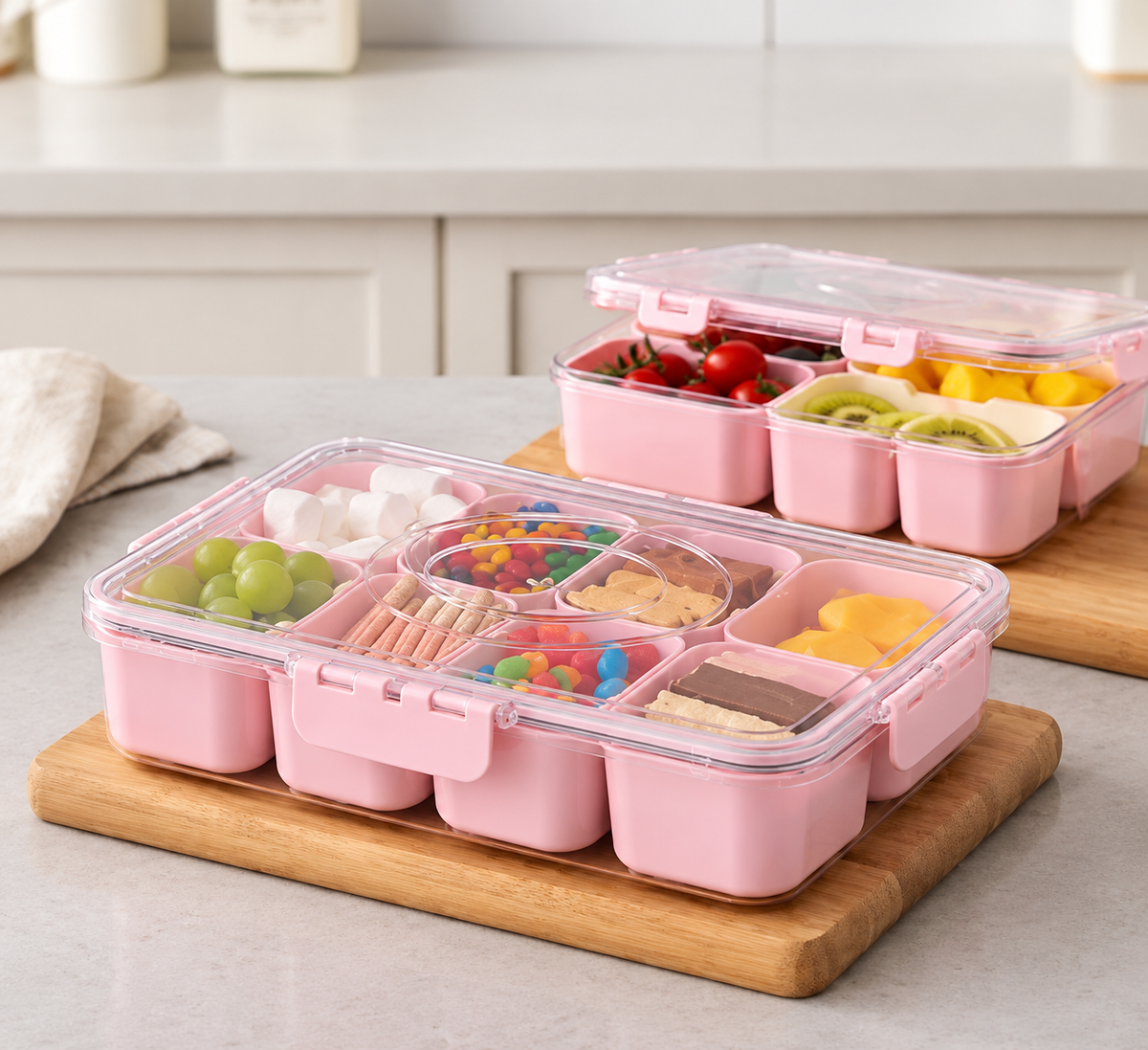 1 Pack (4/8 Compartments)Snackle Box Charcuterie Container Divided Serving Tray with Lid and Handle Portable Snack Platters for Fruit Nuts Candy Entertaining Party Picnic